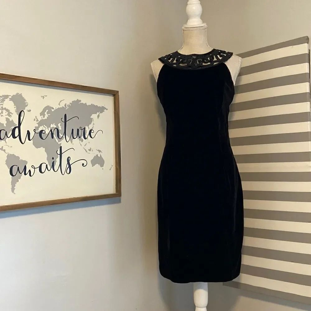Jessica McClintock Gunne Sax Black Velvet Sequin Little Black Dress Size 13/14